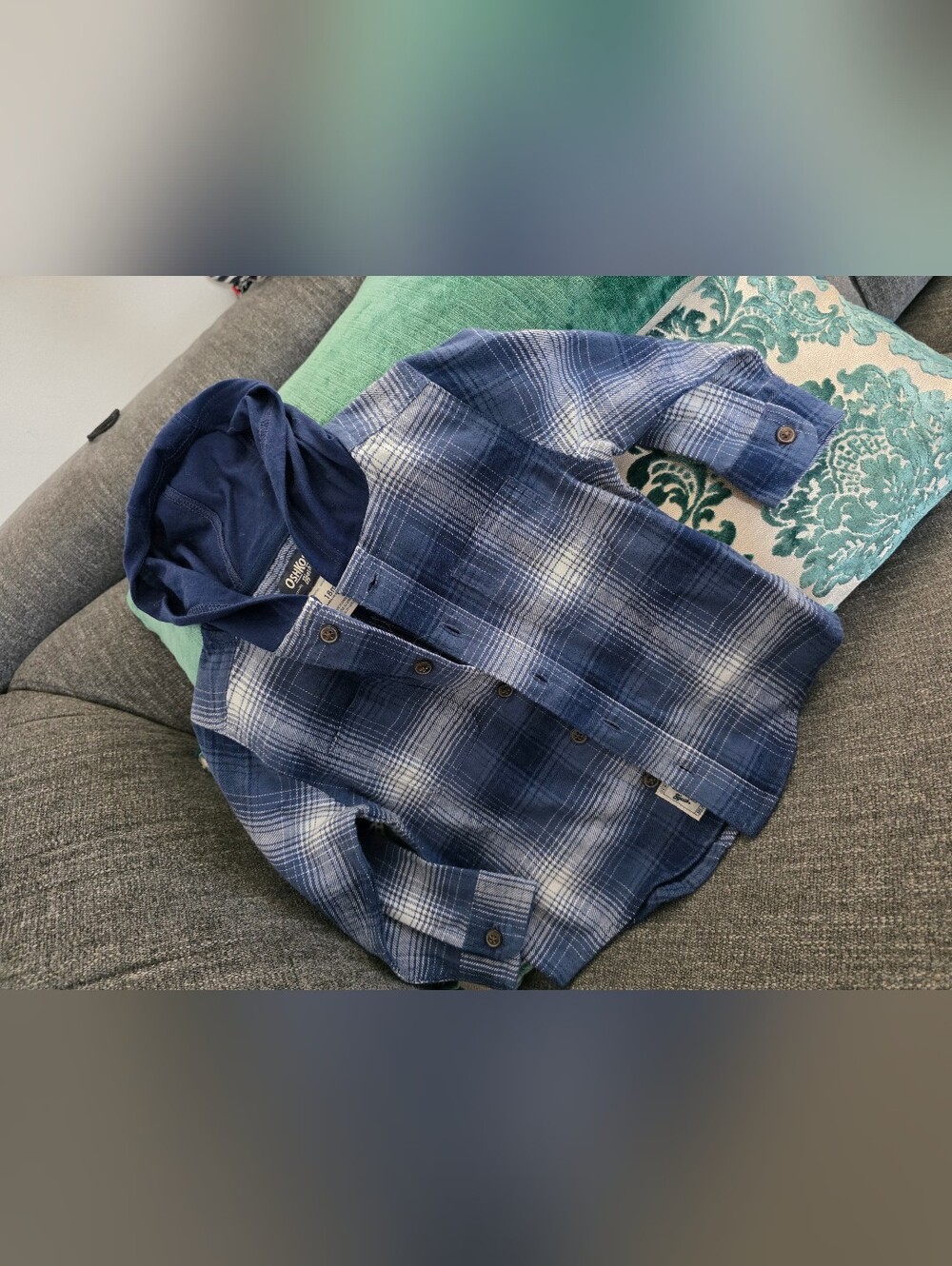 OshKosh B'gosh Navy Blue Plaid Hooded Shirt Jacket Neuf 18 Mois